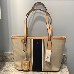 NWT Crown & Ivy Linen Sand Navy Lightweight Tote Bag